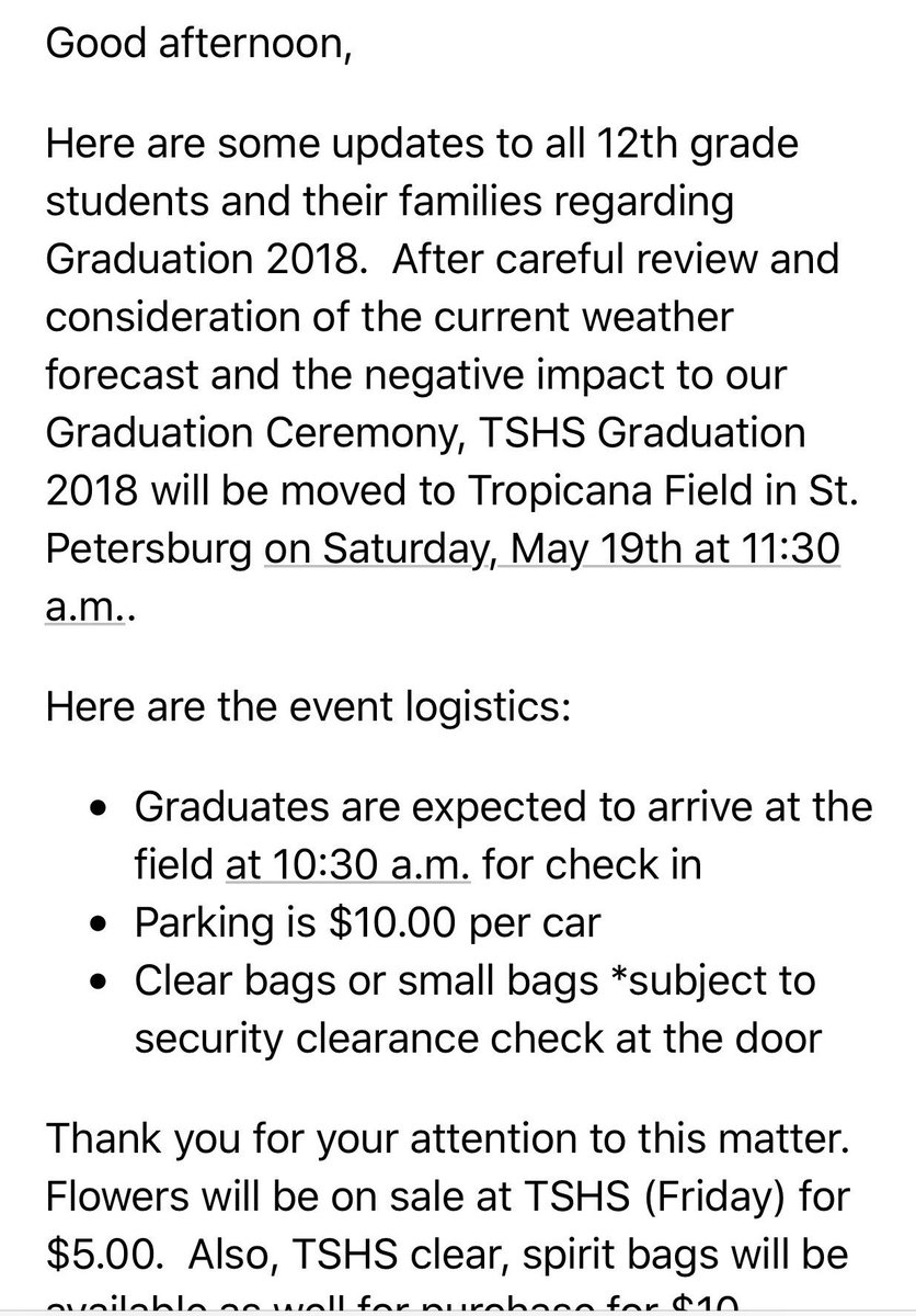 tshsco18's tweet photo. ATTENTION SPONGERS !!!!! Graduation has officially been moved to Saturday morning at Tropicana Field at 11:30 AM. Graduates must get there at 10:30 AM for check in. Please notify everyone who is attending and all other seniors. https://t.co/JPa7vXUfQN
