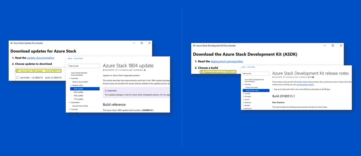 OrchestratorGuy's tweet photo. The 1804 (20180513.1) #AzureStackUpdate and #AzureStackDevKit are now available!
Be sure to read the Release Notes!
Integrated System RelNotes here: https://t.co/JiwP3iZEGQ
ASDK RelNotes here: https://t.co/UTtljj779j
#AzureStack https://t.co/Yjy5PflcQ4