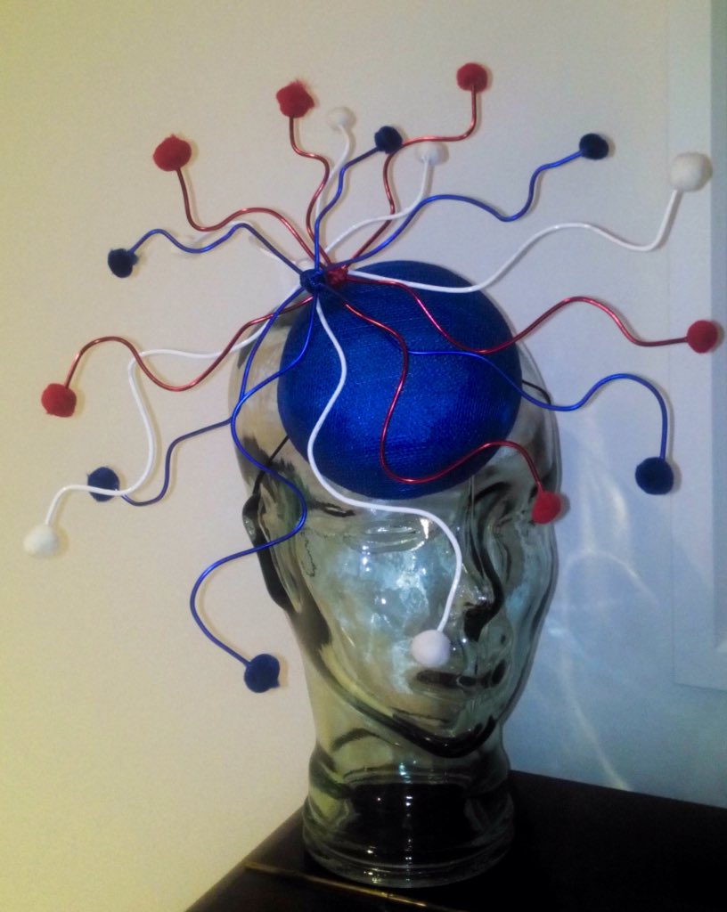 TamaleMillinery's tweet photo. Royal Wedding hat inspired by the Red Arrows all ready for Saturday! 🔴⚪️🔵 @HandmadeHour  #royalwedding #wedding #royal #hat #millinery #percher #red #white #blue #uk #usa #redarrows #RAF #handmade #handblocked #bespoke #iwanttomarryharry #handmadehour #dorset #sinimay #wire https://t.co/ZsXbBCIXM7