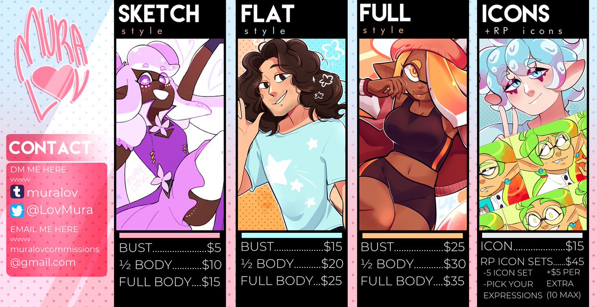 LovMura's tweet photo. [RTs appreciated 💕]

my new commission sheets are here! dm me if ur interested and read more about them on my tumblr here --> https://t.co/BGlcbSk7Lc https://t.co/39RgUgLBCE