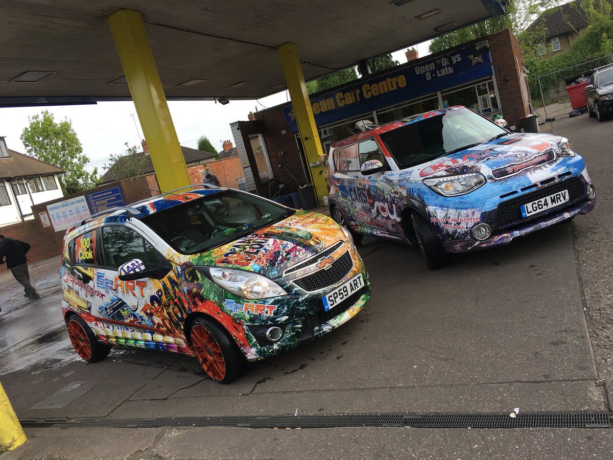 Popbangcolour's tweet photo. Took the practical  @popbangcolour fleet to be washed today, the @jonuxdi designed wraps still looks great after 7 years on the Chevy #SpART and over 3 years on the @KiaUK Soul

Here’s before &amp; after... 👀
💦+🚗+🎨
#Paintwithcars #kia #chevrolet https://t.co/aDRFVlwryK