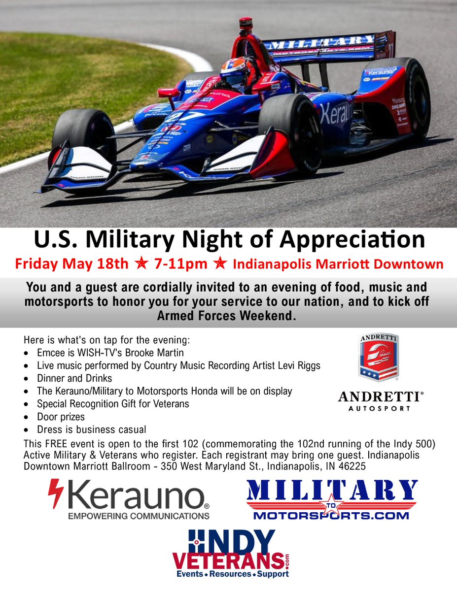 IndyOVS's tweet image. As we approach Memorial Day, come enjoy this commemorative event celebrating our veterans and our motor sport Hoosier heritage! May 18th, 7-11pm, free to first 102 guests.