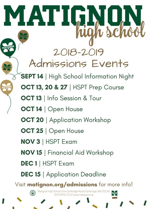 MatignonAdmiss's tweet photo. Be sure to join us for admissions events this fall! You can find more information at https://t.co/W8DeVaeRda #expectexcellence #warriorclassof2023 #applytomatignon https://t.co/JmkJUjD6pl
