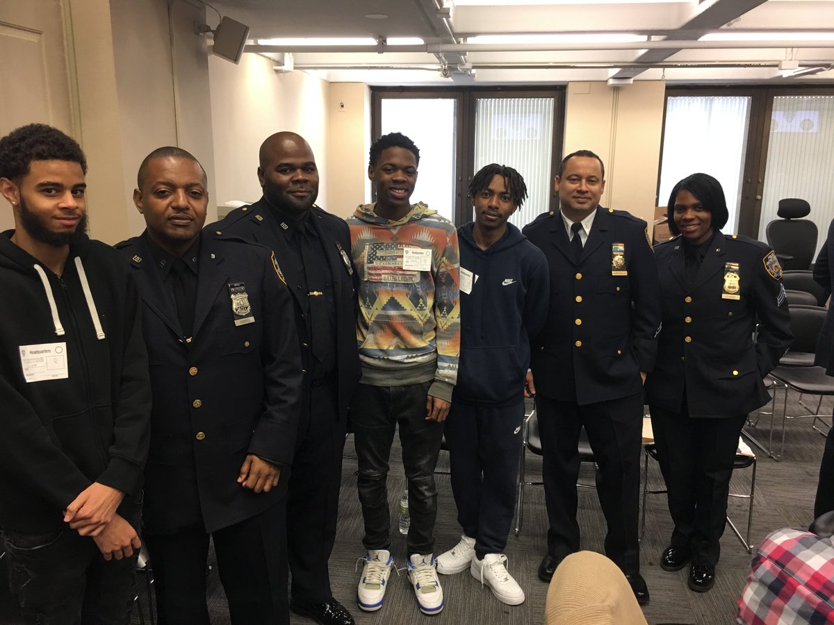 MediateNYC's tweet photo. Carlos, Gerald, and Kaison from our Next STEPS Transformative Mentoring Program at Tuesday's Queensbridge Neighborhood Stat meeting. 

We're proud of Kaison for stepping up to the podium answering questions about crime trends at Queensbridge!

#youthjustice #queensbridge #nypd https://t.co/MyBbZFj8KU