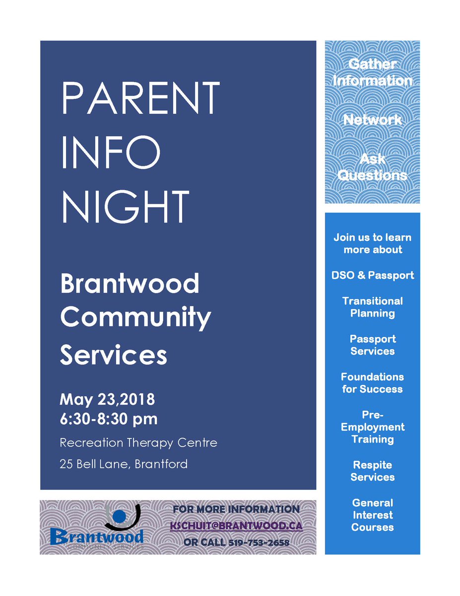 BrantwoodCS's tweet photo. Brantwood  will be hosting a Parent Info Night on May 23, 2018 from 6:30 PM - 8:30  PM @ our Recreation Therapy Centre located @ 25 Bell Lane, Brantford.
 Check the attached picture for more info! https://t.co/GDTD47N6TK