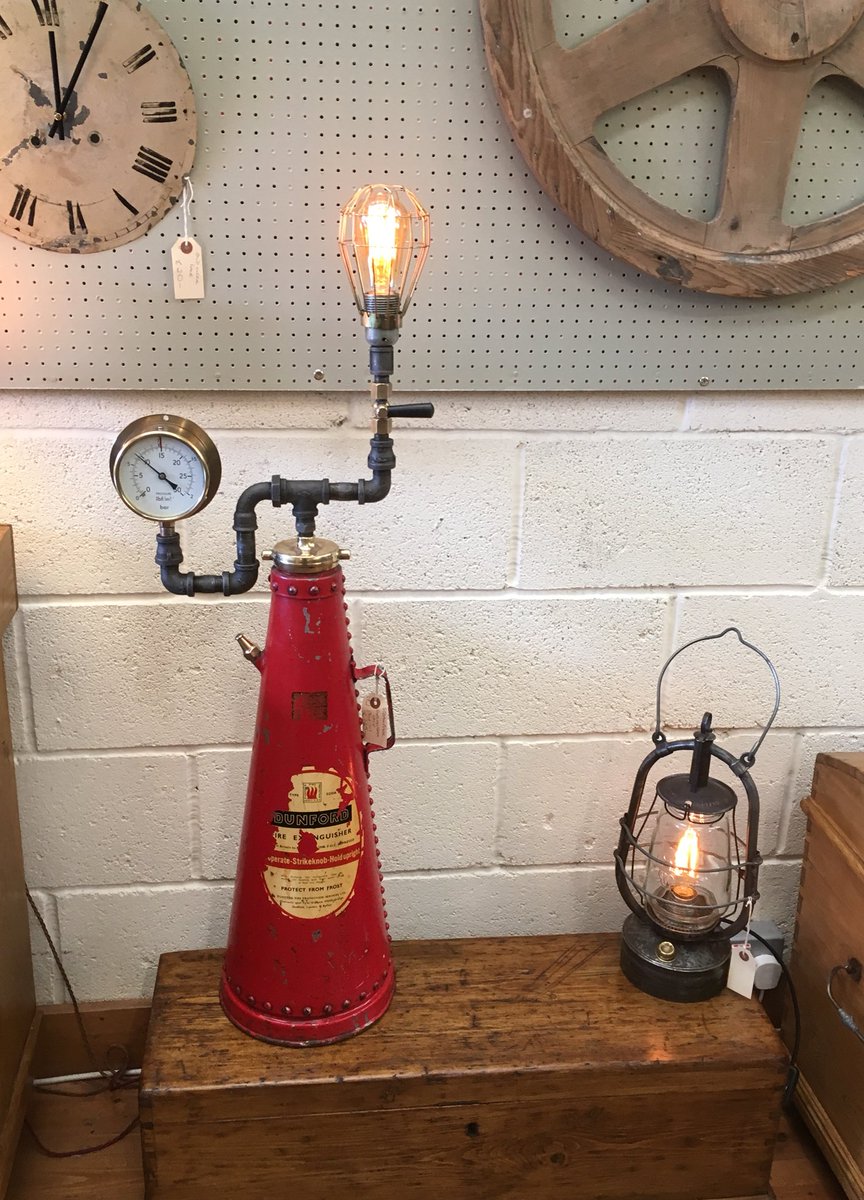 TheLampologist's tweet photo. Another restock day today!    
Steampunk fire extinguisher lamp, old mill Bobbin lamps, 1960’s red Pifco fan serviced /rewired with black silk flex and lots more! 🙂.  All available at #corbridgeantics https://t.co/W1wX8W8axx