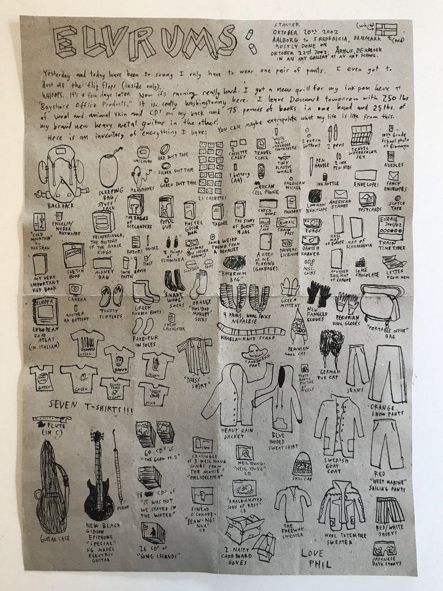PWElverum's tweet photo. In October 2002 in a letter home while on tour alone in Denmark I drew a picture of everything in my backpack. https://t.co/UnszYBWdlw