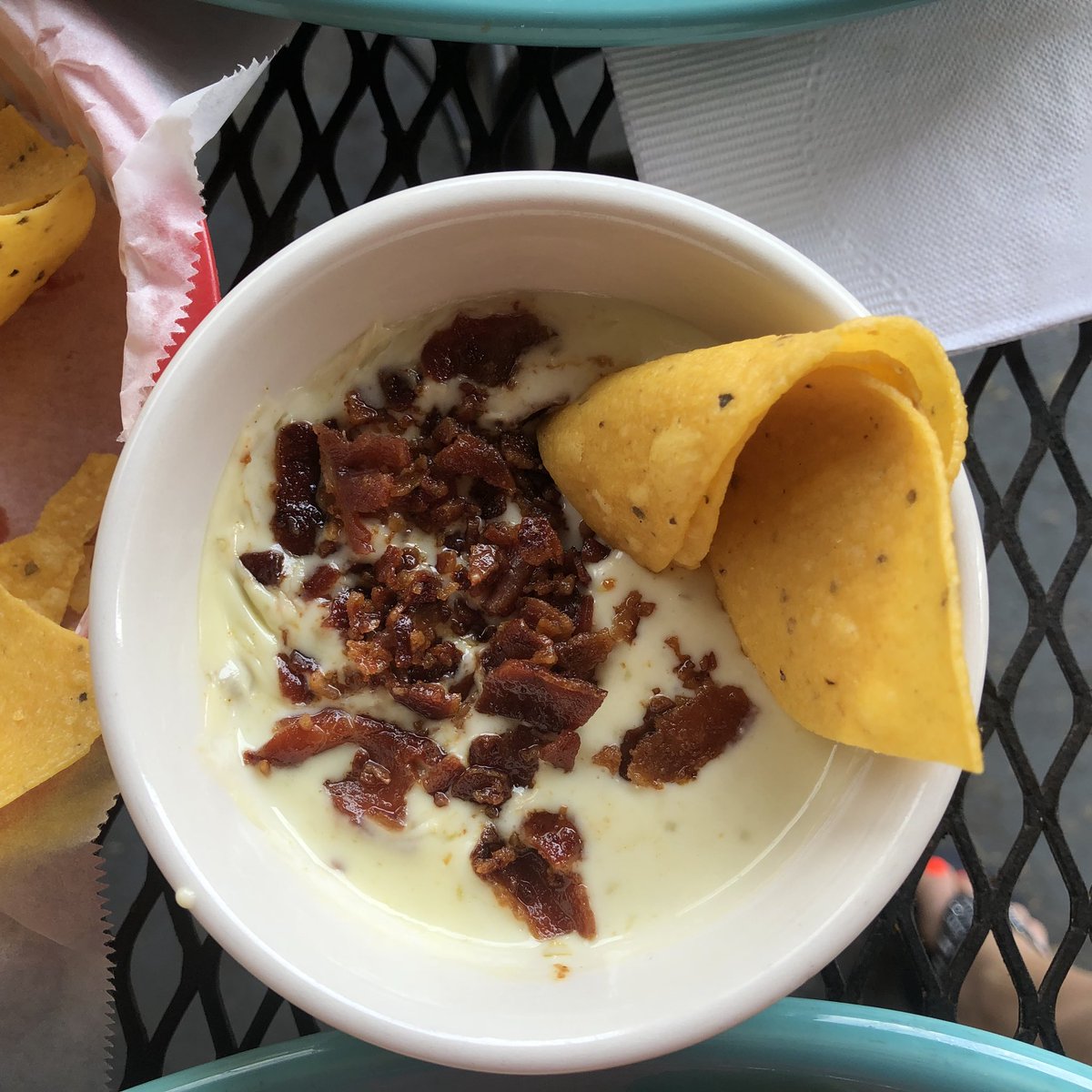 Queso with bacon!!! Yes we said bacon! 🥓 + 🧀 = 😋😋 #baconcheese #cheesebacon