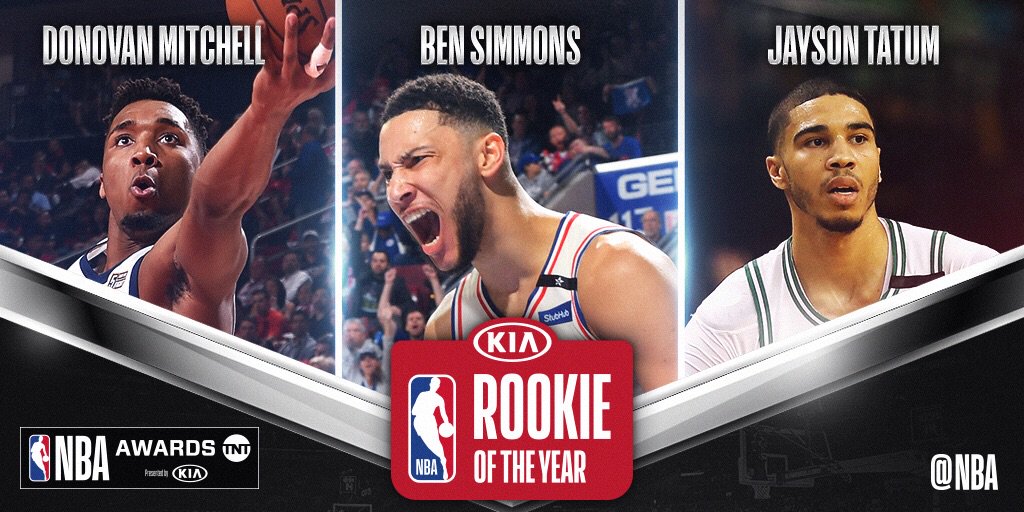 The three finalists for #KiaROY... @spidadmitchell, @BenSimmons25 and @jaytatum0! The 2018 #NBAAwards air 6/25 @NBAonTNT!