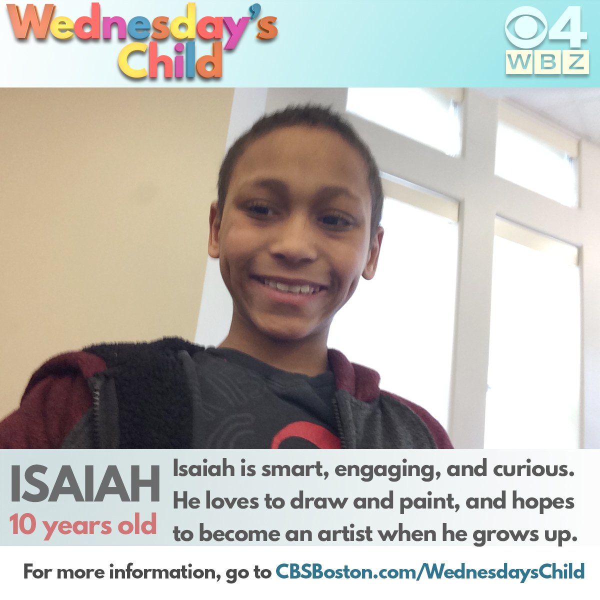 Can you help #WednesdaysChild Isaiah find his forever family? He is smart, fun-loving and curious. RT to spread the word cbsloc.al/2wGVG2b