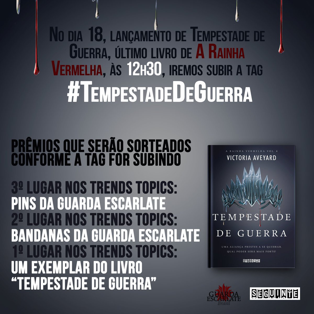AuroraVermelha's tweet photo. Nós da Guarda Escarlate Brasil junto das @sanguenovos1, @AveyardUpdates e @RedQueenBR vamos subir a TAG #TempestadeDeGuerra nesta sexta (18).

E agora temos mais um incentivo! A @editoraseguinte entrará nessa, sorteando prêmios para leitores que estiverem utilizando a TAG! ❤ https://t.co/8RxRrQ6b3c