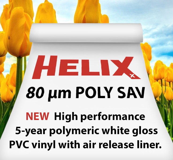 We're extending our Helixx range with the introduction of this 80μm Poly SAV. A gloss PVC vinyl that provides quality 5-year results on outdoor applications. Learn more on our website ow.ly/SJuF30jMLH3