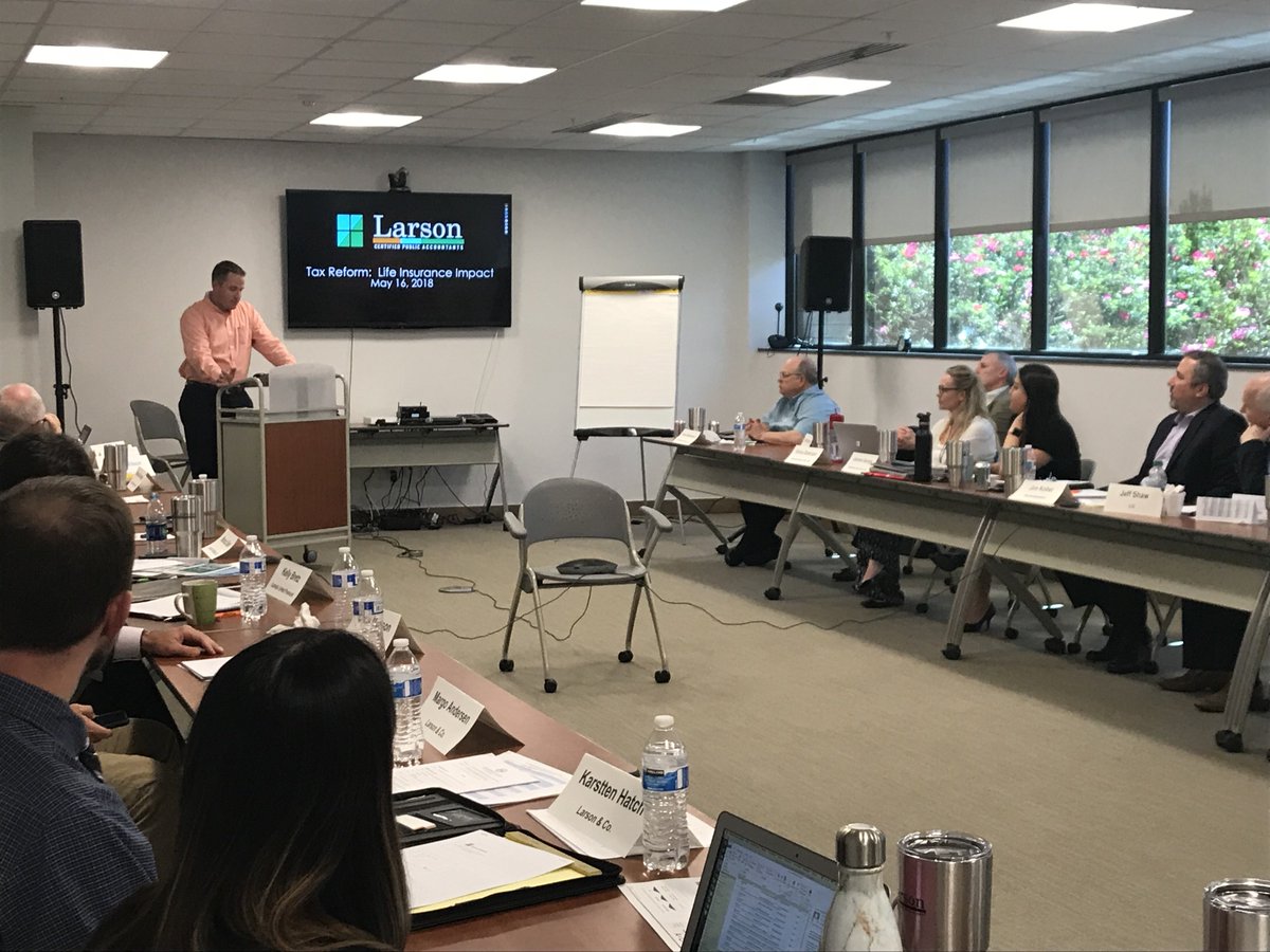 LarsonCPA's tweet photo. We had a great time today discussing #taxreform with the members of @LifeInsCouncil and their Enterprise Risk Management members at #SentinelLife. Senior Tax Manager Jordan Toone answered questions and clarified the new #TaxCutsAndJobsAct laws and changes for life insurers. https://t.co/ubY1PZBu6v