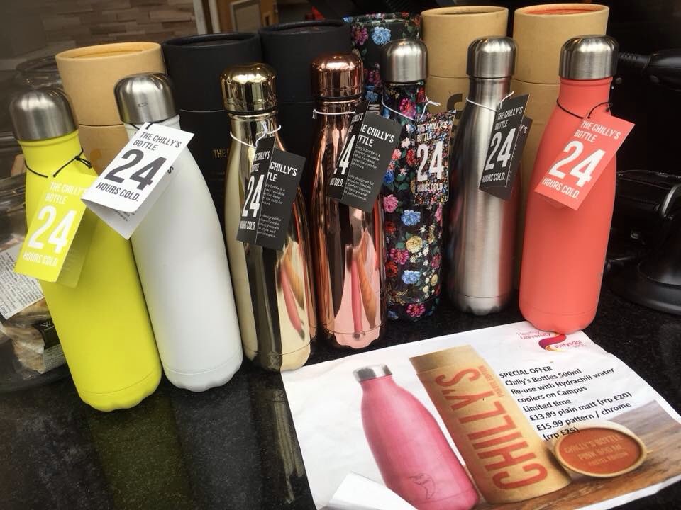 CMUCatering's tweet photo. A New delivery of chilly bottles have arrived on campus @cardiffmet available in the morning in the catering venues @Chillysbottles @CMetEnvironment #24hourscold #reusable #Sustainability #reducewaste https://t.co/EXxTOjtTMi