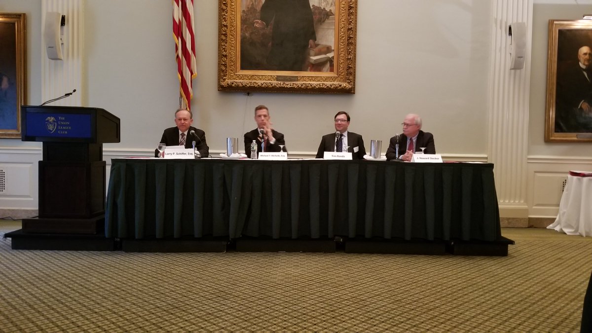 InsFedNY's tweet photo. Surplus Lines and Reinsurance Forum - Reinsurance Panel (L-R): Larry Schiffer, Michael McRaith, Tim Ronda and J. Howard Stecker #insurance #reinsurance #excesslines https://t.co/jM8EmEea2t