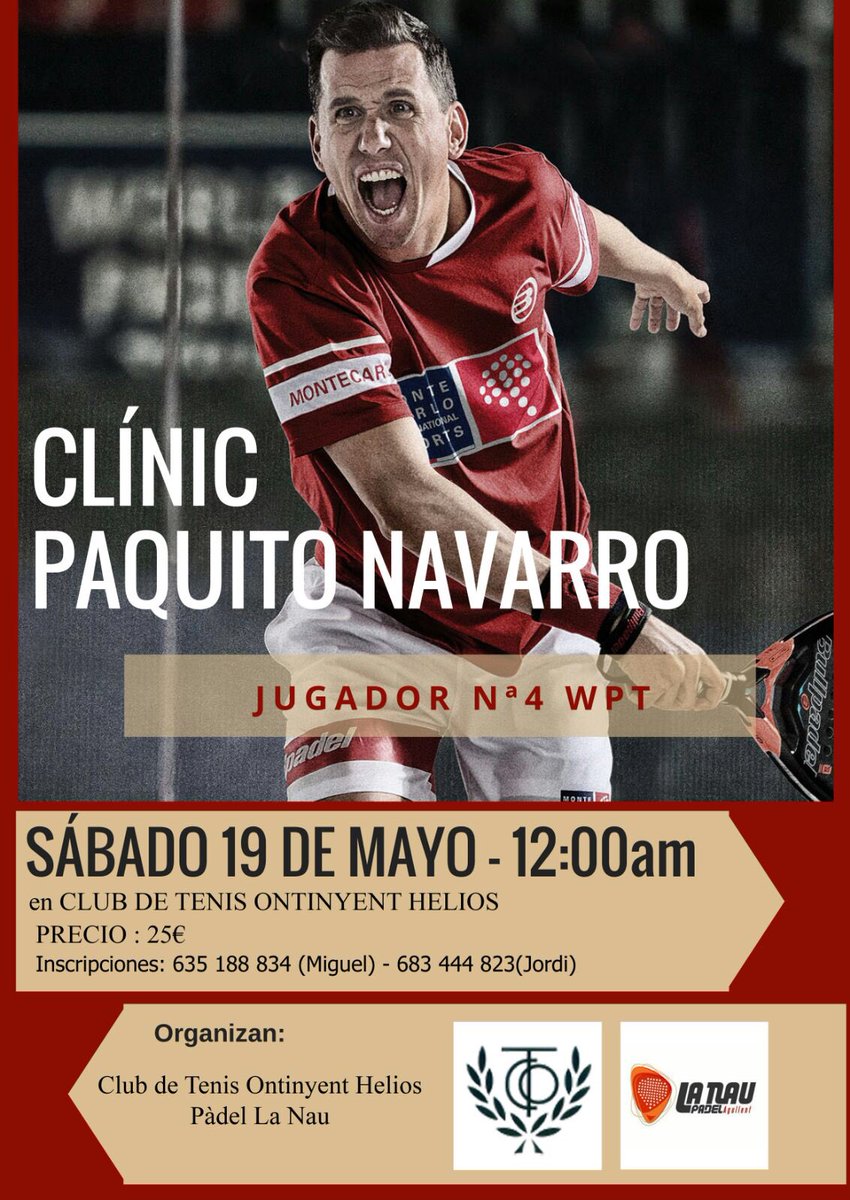Sábado 19 de Mayo a las 12h,se celebra en un gran club de Ontinyent,Club de Tenis Helios, un clínic y exhibición por parte de Paquito Navarro. 
Informaros de mi presencia con Paco en este fantástico evento.
Os esperamos,no podéis faltar

#Thebestisyettocome TEAM😍💪
#riseandshine