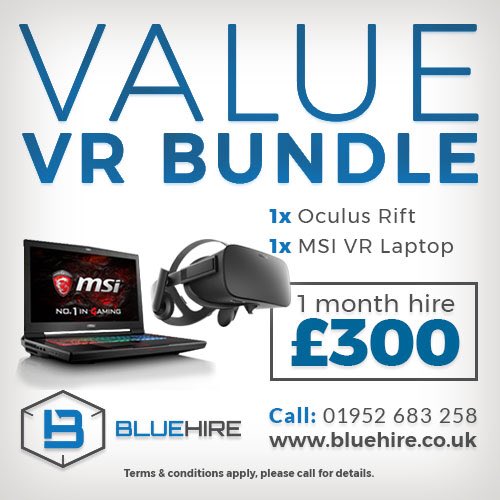 VRHire's tweet photo. We currently have a special offer on VR equipment. If you’d like to take us up on this offer get in touch steve@bluehire.co.uk #msi #oculusrift #vr #virtualreality https://t.co/Nx7c3NHKZc