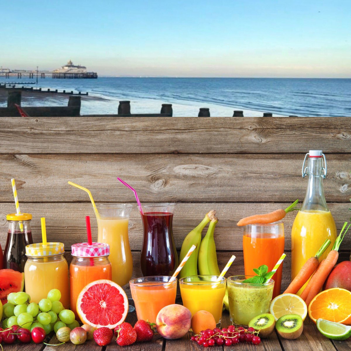 Juice bar on the sea front anyone? Fruit and vegetable drinks made from produce locally sourced where possible. Sundowners looking out to sea. #EE #Engineering #Eastbourne #EngineeringEastbourne #YoE #ideas #juicebar #juice #localproduce #sundowner #seaview #fruit #vegetables