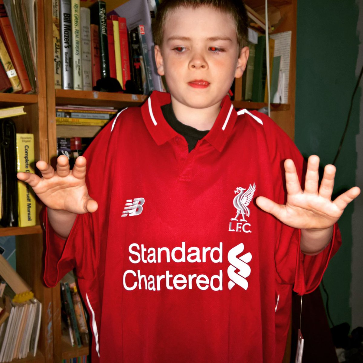 ishooku's tweet photo. Koen was more excited about my new kit getting here than i thought. Guess need more for him and his brothers from @AnfieldShop before the match here in Charlotte #LFC #LFCFamily #LFCCLT https://t.co/zYV92hTLf3