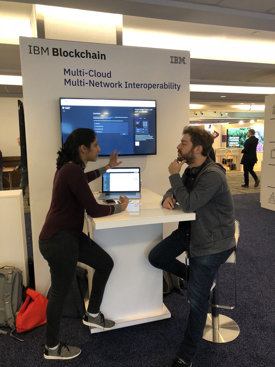 guoger's tweet photo. @swayr93 explaining Fabric-EVM integration at #IBM booth #Consensus2018 https://t.co/tm2GLz4Z3w