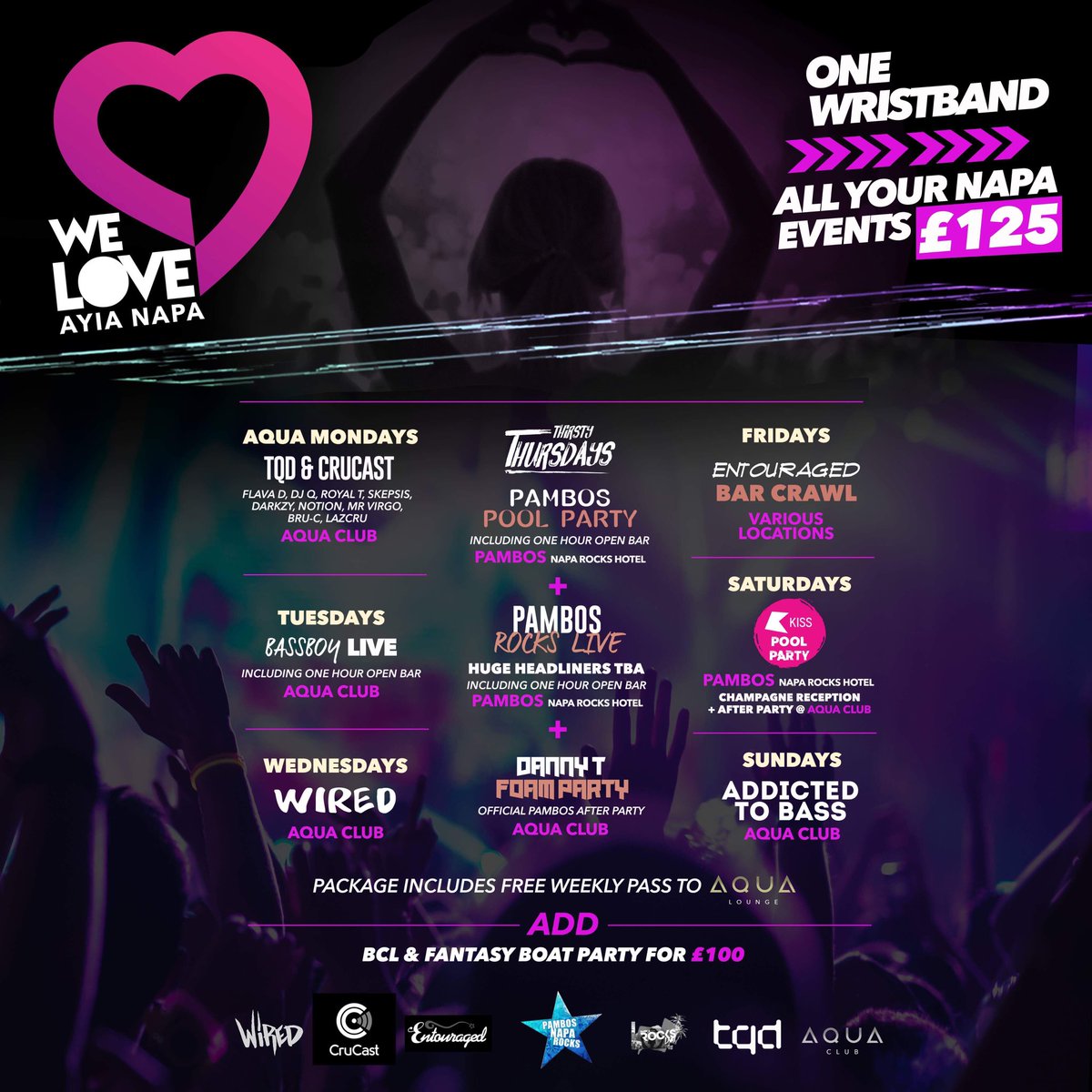 WE LOVE AYIA NAPA EVENTS PACKAGE HAS LANDED!

One Wristband, one week, 9 events just £125. Available for 8 weeks throughout the summer. 

Limited packages available each week. Grab your wristband now from the link below: 

eventbrite.com/e/we-love-ayia…
