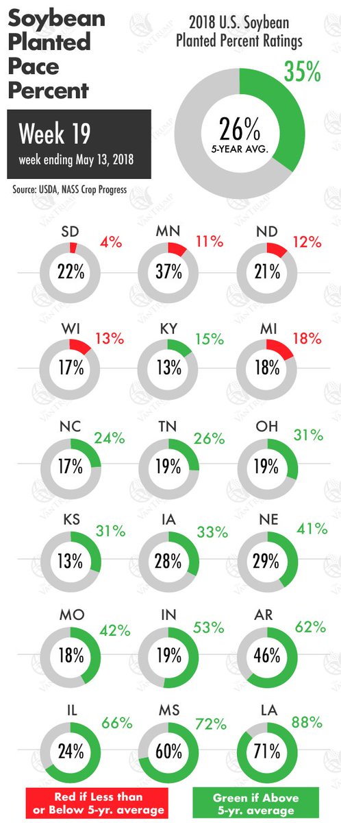 KevinVanTrump's tweet photo. Soybean Planted Percentages: Week 19
The Van Trump Report Trial: https://t.co/uV7VSN9AOp
#soybean #beans #plant18 #unitedstates #agriculture #farming #crops #grains #commodity #vantrumpreport #cropprogress #usda #agoutlook #agtwitter https://t.co/oK2MrfK6tP