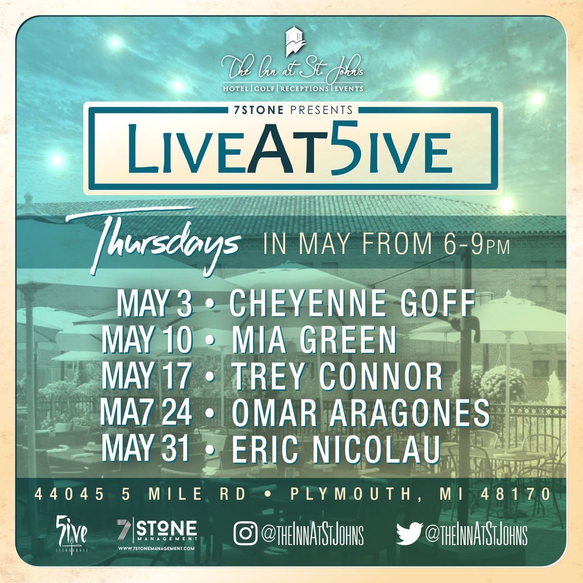 7StoneDetroit's tweet photo. #7StonePresents our May, 2018 #LiveMusic Line Up Thursdays at The Inn at St. John's #5iveSteakhouse | 6-9p | #LiveAt5ive #StJohnsLuxury #StJohnsEvents #StJohnsPartners #7StoneManagement #TheInnAtStJohns https://t.co/CMnQ7yeIKO