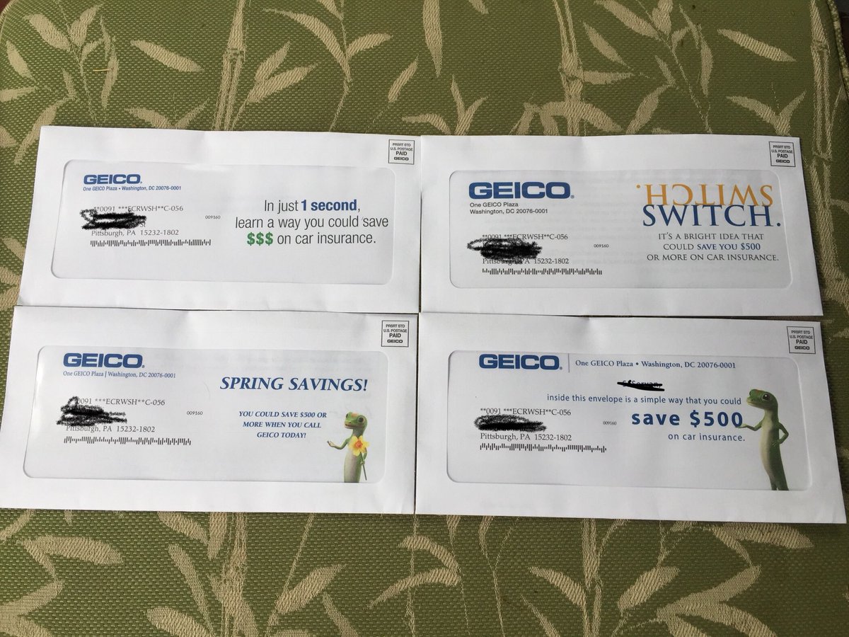 itisbenjamin's tweet image. These four @GEICO letters arrived in my mailbox today addressed to myself and the previous three tenants of the house. Which one would be most effective? #BehavioralEconomics