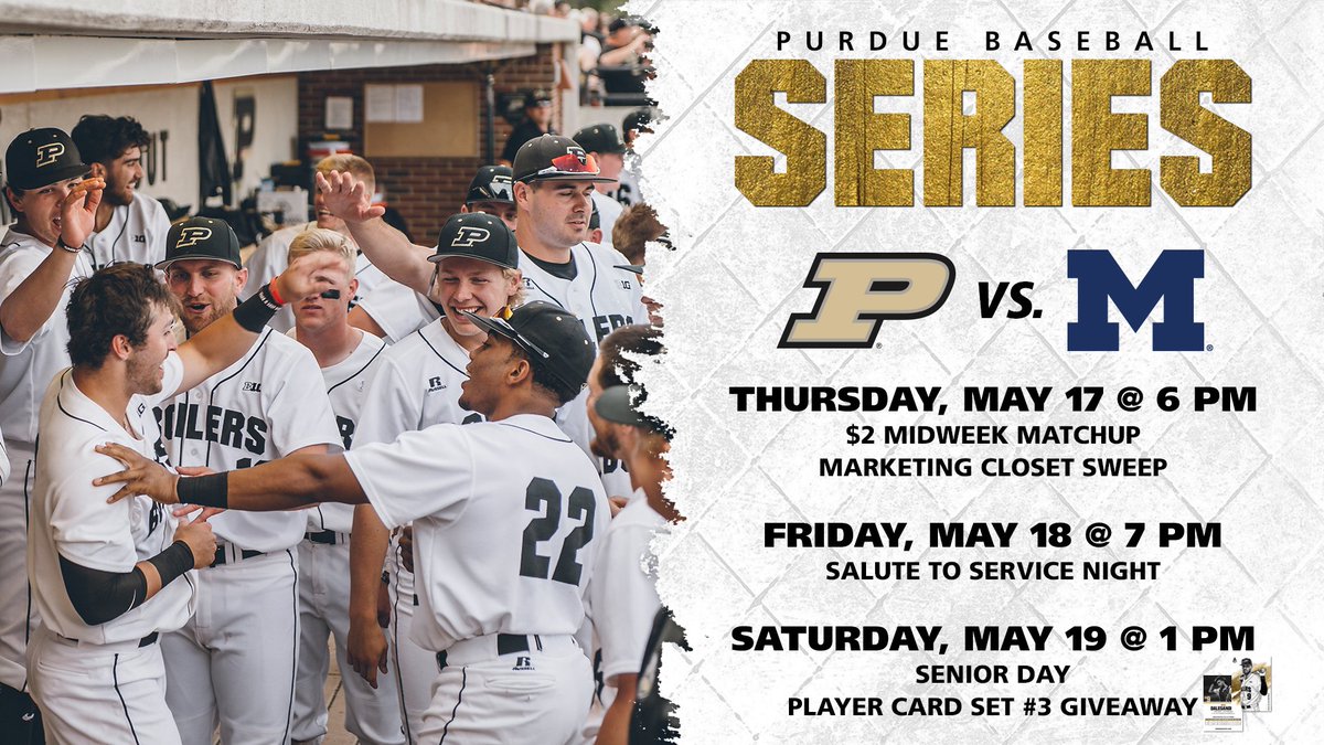 PurdueBaseball's tweet photo. 3 really #B1G games coming up! Help us #PackAlex for the end of the regular season! #BoilerUp
Series promos: https://t.co/HnK3ZAY1ab
🎟️: https://t.co/CKl1aS2pzd https://t.co/EBpqhm08DT