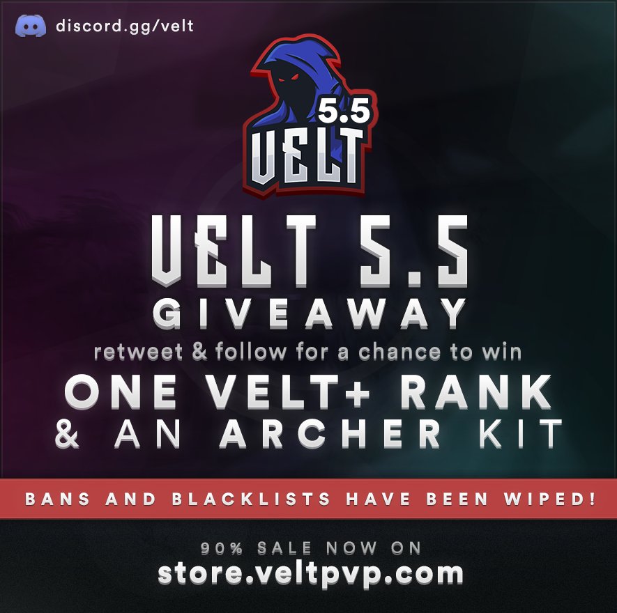 VeltPvP's tweet image. VeltPvP 5.5 Week #3 Giveaway.

Retweet &amp;amp; Follow us for a chance to win a Velt+ rank and a permanent Archer kit! 🏹

Week #3 Information
veltpvp.com/forums/announc…