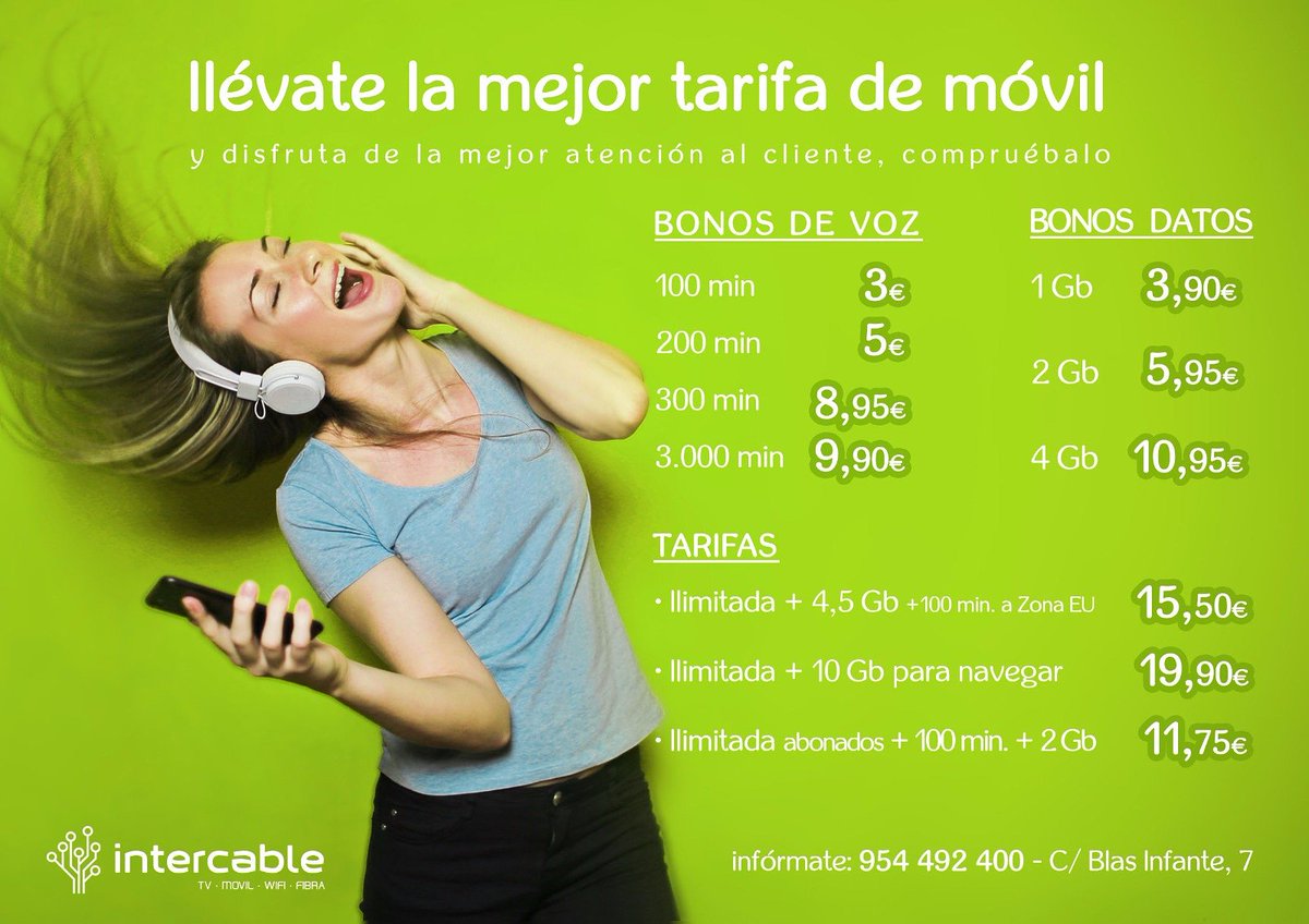 intercablefibra's tweet photo. Si quieres una buena tarifa para tu móvil... ¡Aquí la tienes! Sin permanecias ni ataduras!!! Pregunta sin compromiso... ¡Estaremos encantados de atenderte! 😊😊 #nuevastarifasmovil 📣📣 #intercablemovil 📲 https://t.co/woGwOpBU3Y
