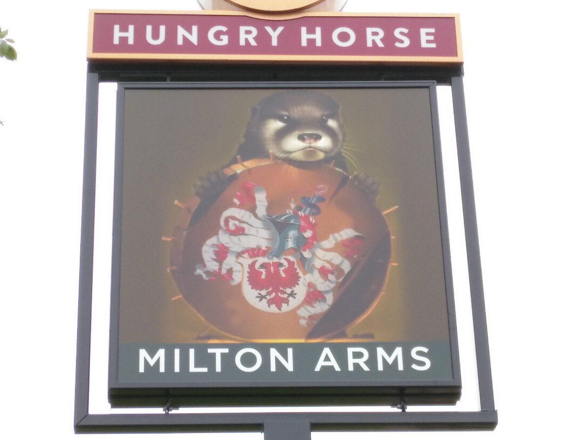 Pub sign: "Hungry Horse: Milton Arms". Depicts an otters holding ... something ... with a crest on it.