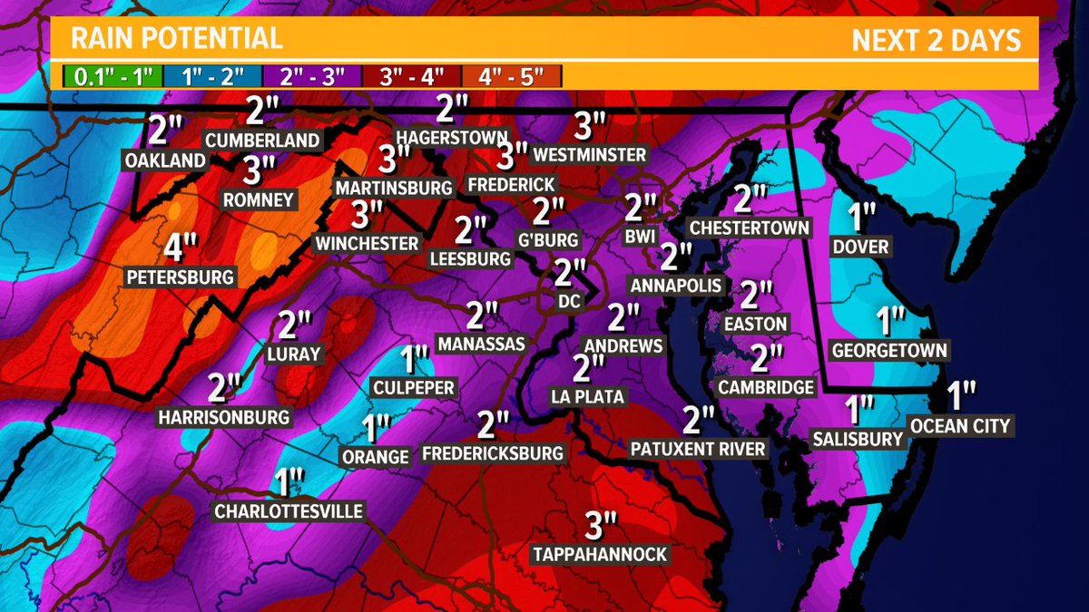 TenaciousTopper's tweet photo. Flash flooding likely Friday morning. Critical hours: 4 AM - noon Friday when 1" - 4" of rain is possible. The Friday morning commute will be slow & dangerous. #Wusa9weather @wusa9 https://t.co/fLu4RPGGud
