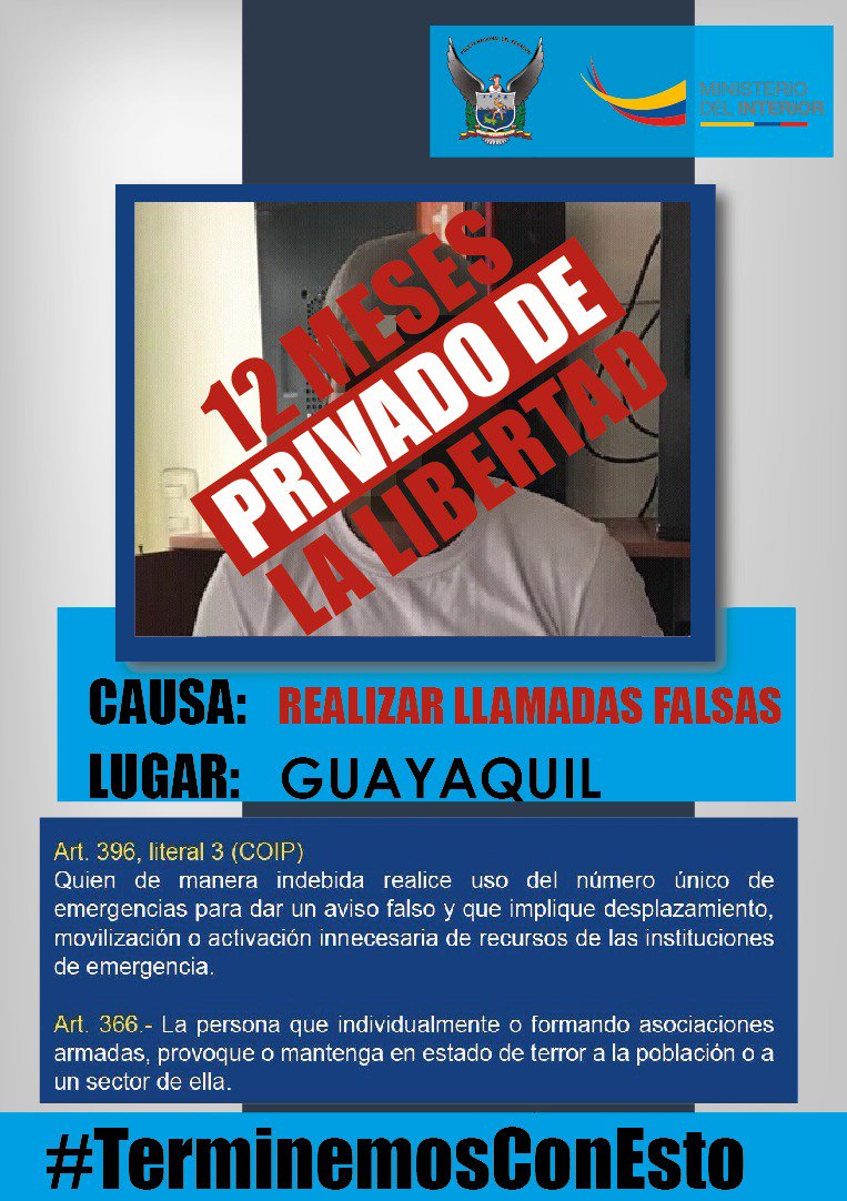 PoliciaEcuador's tweet photo. POR JUGAR CON LA SEGURIDAD. 12 meses en la cárcel, Luis B., habría realizado llamadas falsas para alertar presencia de artefacto explosivo, además envió mensajes en redes sociales a director de una unidad educativa en #GYE #TerminemosConEsto

Boletín: https://t.co/CZJ1F9KetU https://t.co/cLyV1ESKC7