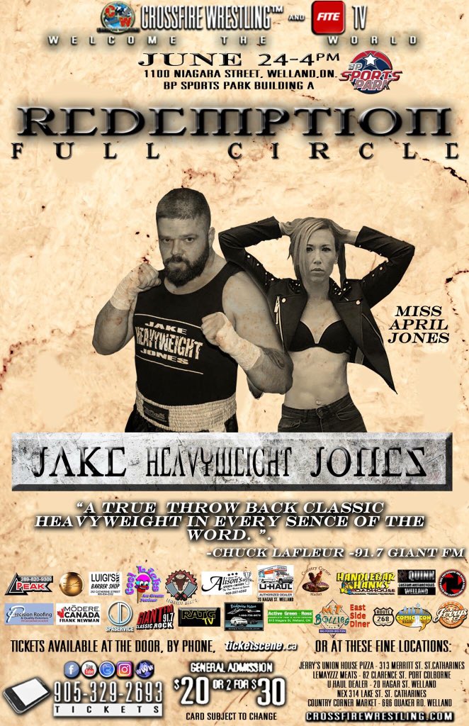 CrossfireCanada's tweet photo. @JakeHeavyweight Jones w/ @MissAprilJoness make their debut at Redemption @BullettBaseball  in Welland vs @Tiberious Bell time is 4pm! Tickets go to https://t.co/eRSbpS9EuS https://t.co/y8Z2PIhNqN Video courtesy of 3 roped ring!

https://t.co/pbVBKNbVJl

@FiteTV Taping! https://t.co/mLMVD8F0Pt