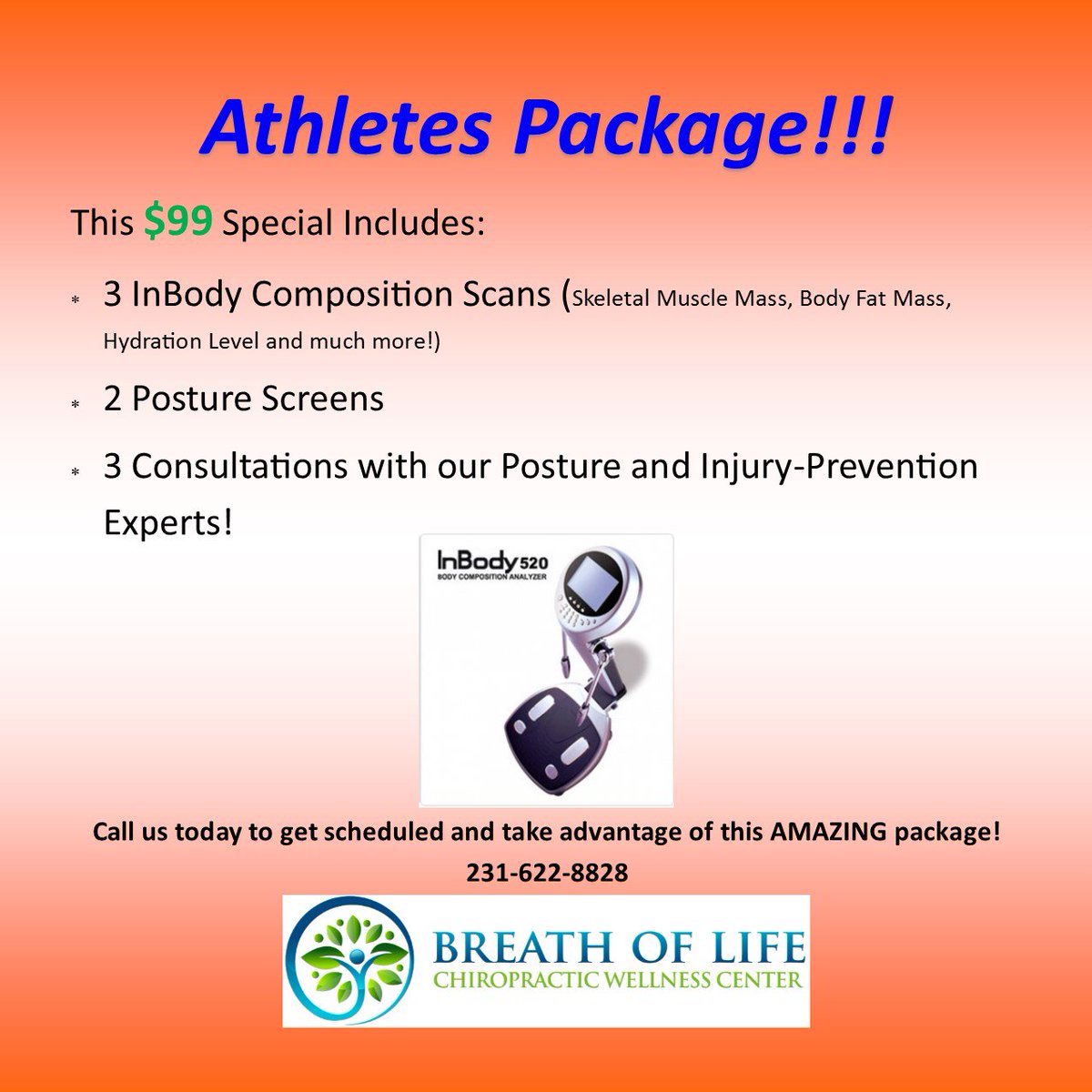 PetoskeyChiro's tweet image. Check out the awesome deal we have going on! Call today to see what you are made of! #inbody520 #breathoflifechiropractic #whatareyoumadeof #calltoday