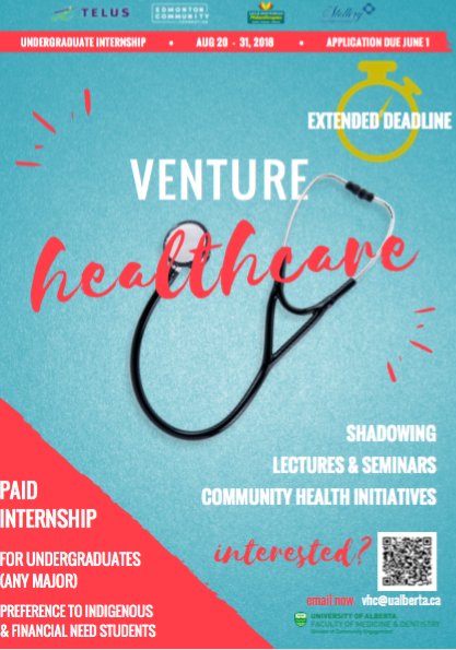 Are you a university student in #yeg interested in a health care career? Venture Healthcare 2018 Internship program is open for applications. See bit.ly/2IoFbJxe for eligibility details.