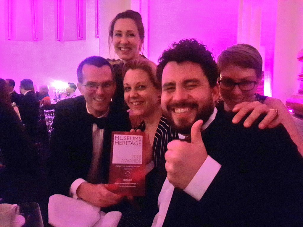 GrantMuseum's tweet photo. Give us a whale-sized whoop! Our #WhaleWeekender project - when 800 people helped us clean and build our whale skeleton - has won a #MandHawards. Whale done us! https://t.co/WTco4f61Lr