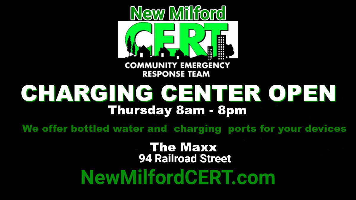 NewMilfordCERT's tweet photo. Still without power?  We got you covered!  @NewMilfordCERT  will be opening  a Charging Center again THUR 8am-8pm to aid residents in need. The Maxx- 94 Railroad Street-  #CERT #CTStorm https://t.co/eV3PDuX1lm
