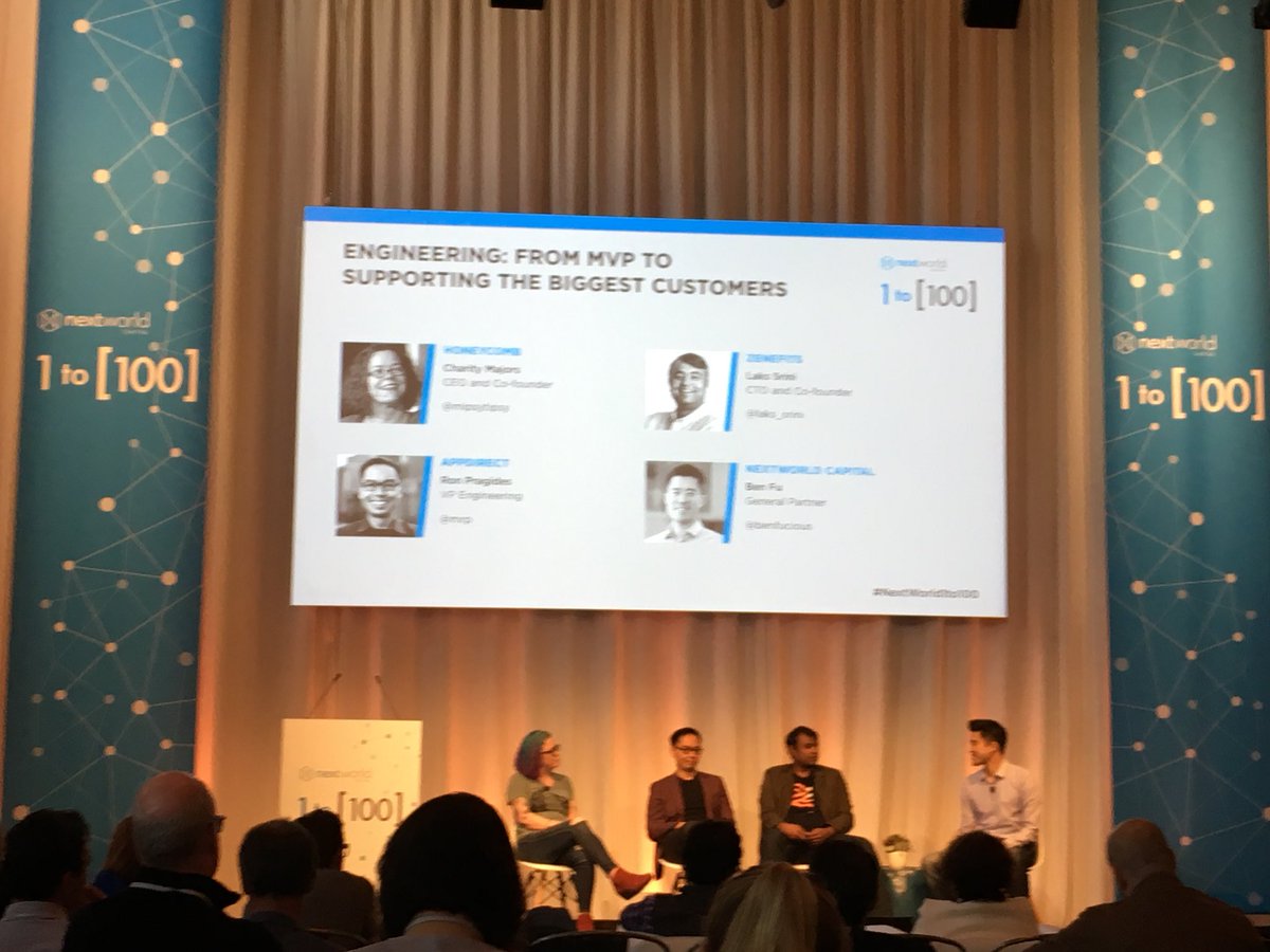 “The best teams sit in the same room. We are tribal creatures” <a href="/mipsytipsy/">Charity Majors</a> - great panel led by <a href="/benfucious/">Ben Fu</a> about scaling engineering at #nwc conference #1to100