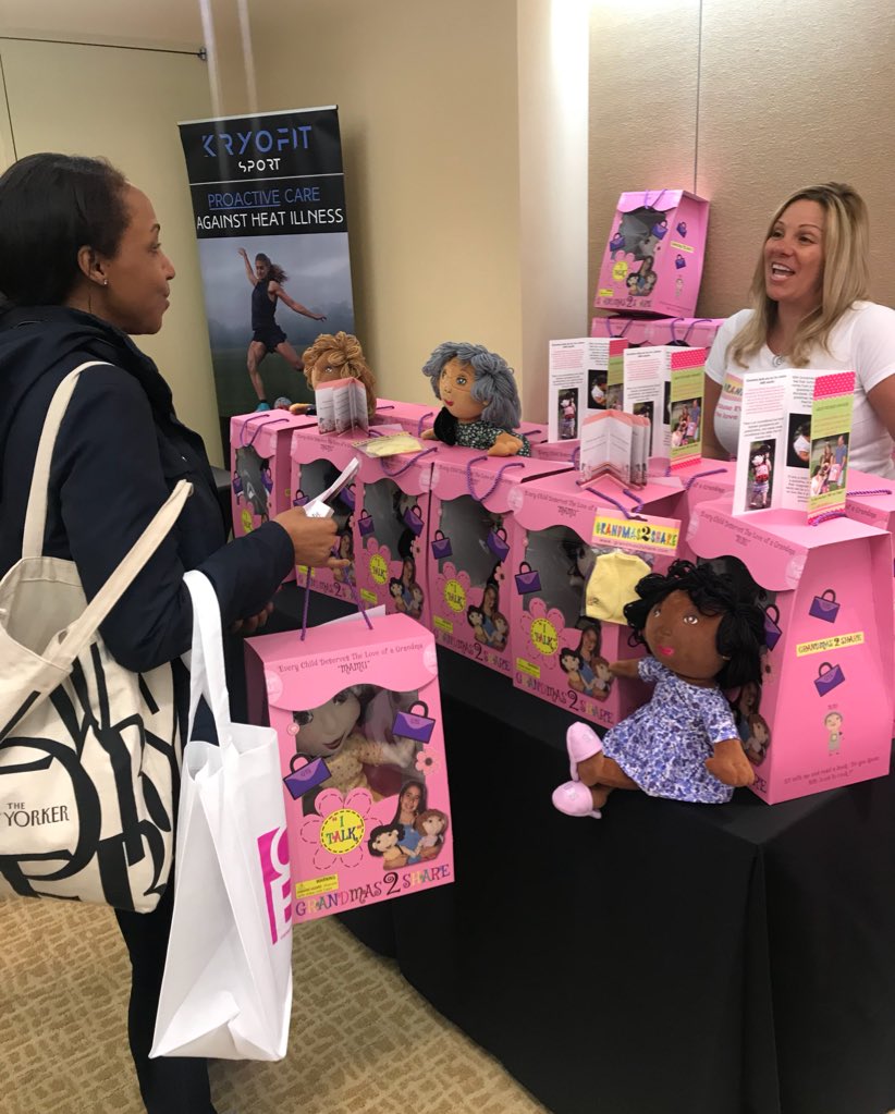ProductLaunchPR's tweet photo. Thank you for joining us @LisaArmstrong and visiting the @Grandmas2Share table. Founder, Marguerite, creates these handmade, ethically-diverse dolls to cherish and remind little ones of memories with their grandmas. #CPEHolidayGG #BloggerBev https://t.co/Csu2VmQZ0n