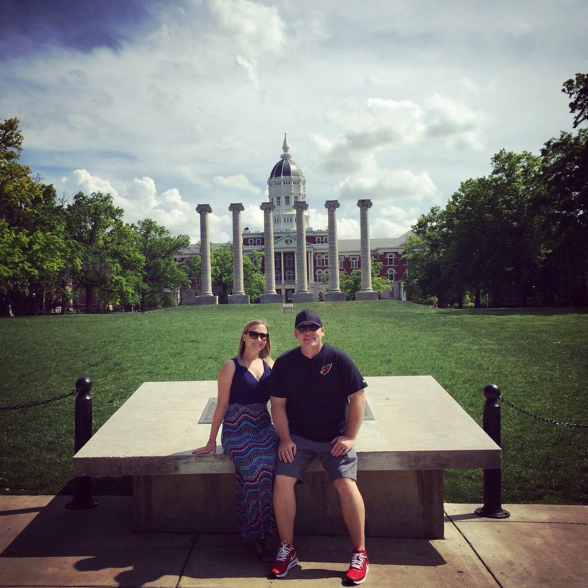 jimohms's tweet photo. My wife @TiffanyOhms is a proud @Mizzou grad and she gave me campus tour today. I’m still searching for the @markusgolden statue. 😂 

#MIZ 🐯 https://t.co/M53qhX0Li6