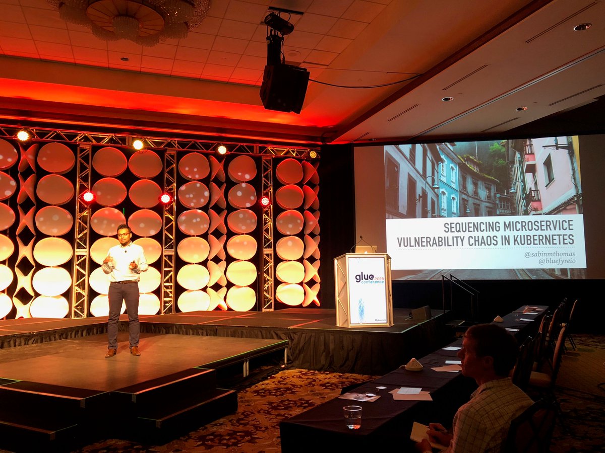 Happening now at #gluecon <a href="/sabinmthomas/">Sabin Thomas</a>, CTO of Bluefyre.io talking on Sequencing Microservice Vulnerability chaos in #Kubernetes
