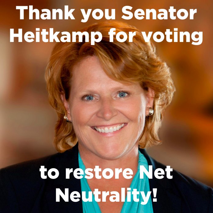 YoungDemsND's tweet photo. Thank you @SenatorHeitkamp for voting to restore #NetNeutrality today and standing with young people, rural America, and small businesses.  Contact your U.S. Representatives today and urge them to do the same!  #RestoreNetNeutrality #SaveTheInternet https://t.co/53gvKIo27m