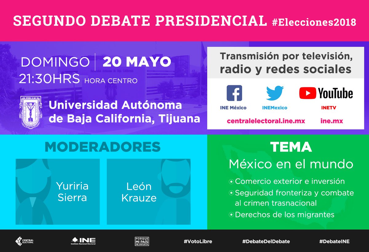INEMexico's tweet photo. 👥👤👥 Por primera vez en México habrá público participativo en un debate: el próximo domingo 20 de mayo, a las 21:30 horas, únete a la conversación: Segundo Debate Presidencial, desde Tijuana #DebateINE #DebateDelDebate #Elecciones2018 https://t.co/kzaXwHlGs5