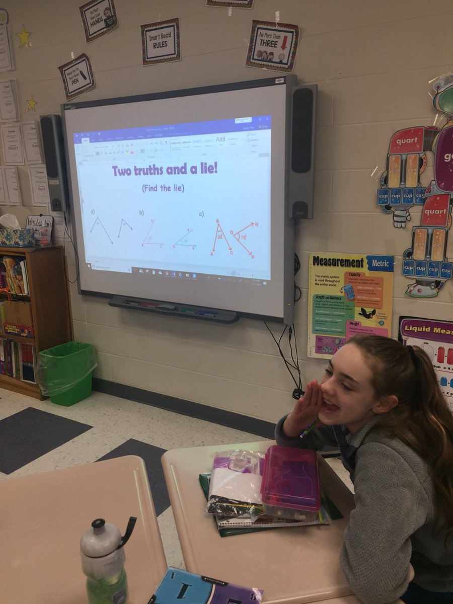Thank you <a href="/Access_Math/">AccessMathematics</a> for the idea to use 2 truths and a lie in the classroom! <a href="/Aldenmiddle1/">Alden Middle School</a> math students having some fun during introduction to angles 😀