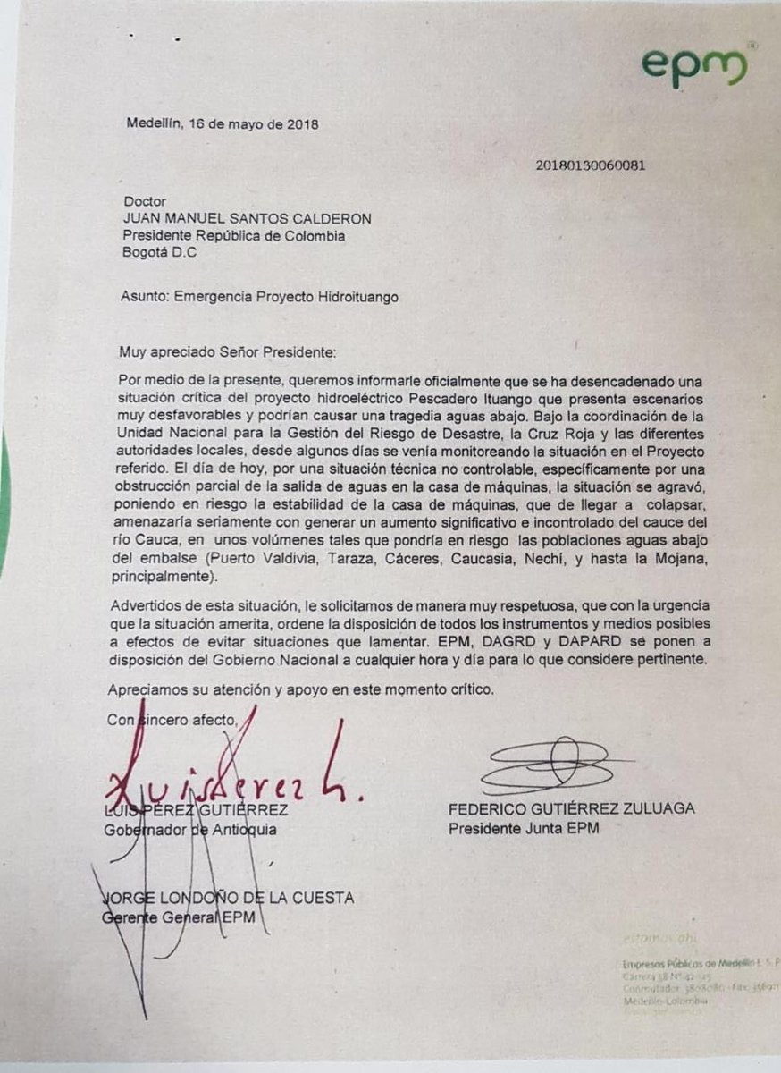 Gobernador, alcalde Medellin y gerente EPM piden apoyo a presidente Santos por contingencia en Hidroituango.