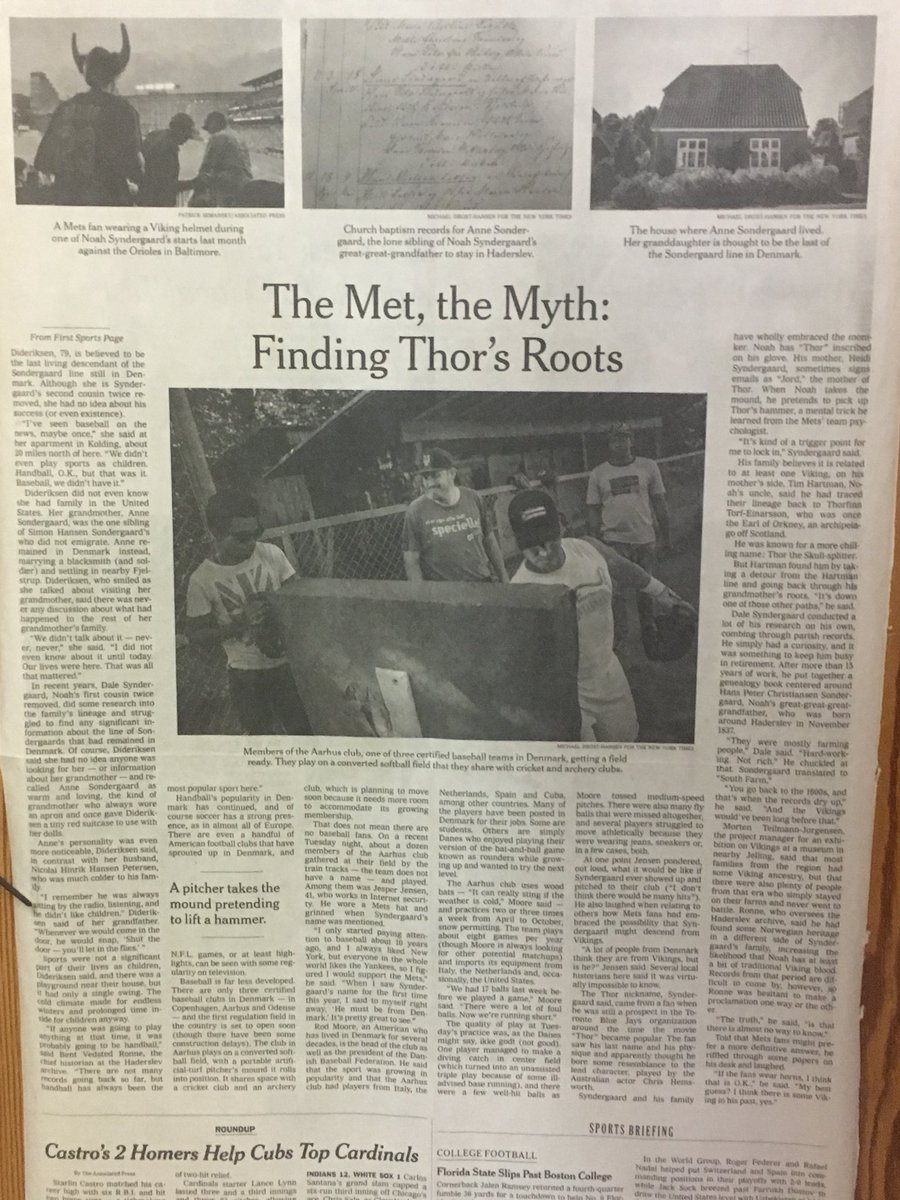 AarhusBaseball's tweet photo. Just found an old article about @Noahsyndergaard ‘s danish roots with the picture of our players bringing out the home made mound for practice. The article from @nytimes includes an interview with a @Mets fan in our club #mlb #mlbdk #baseballdenmark https://t.co/MuzEYJPheB