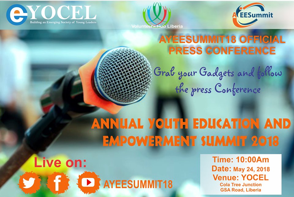 AdihamuK's tweet photo. Its now time you join the team to AYEE Summit 2018 join us on Thursday May 24, 2018 for our first official press conference for 2018 convening.
At 10:00Am
YOCEL office GSA Road
Or watch us live on Facebook
#AYEESUMMIT18
#VolunteersHubLiberia
#Yocel4Yocel https://t.co/yni8hCqz6n