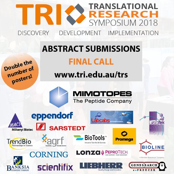 2019TRS's tweet photo. FINAL CALL! Submit Now! https://t.co/zeedoTKVkQ Registrations to open in June! Calling all Brisbane students, researchers, clinicians! @TRI_info  @UQMedicine #GRIDD_GU @IMBatUQ @qut_ihbi @QIMRBerghofer @MetSthHealth @MetroNorthHHS @AIBNatUQ @QldBrainInst @QUTSciEng #UQCCR @jcu https://t.co/3z137S8Y7y